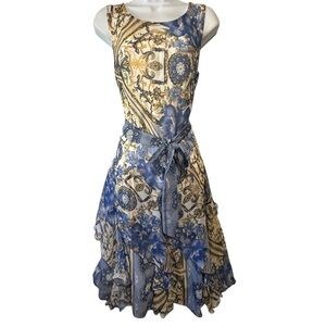 VTG Robbie Bee Floral Blue & Gold Fairycore ruffled flowy sleeveless dress Sz 14